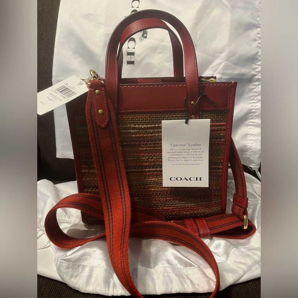 NWT Coach Field Tote 22 Upwoven Leather Satchel Crossbody, Brick Red